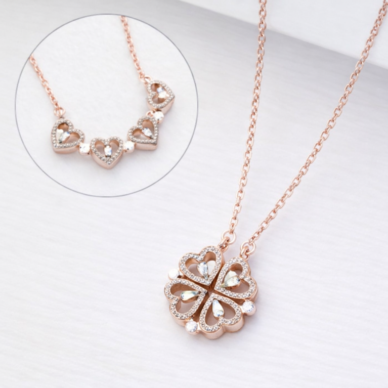 Hyacinth 4-pcs Zircon Heart Magnetic Clover Necklace - Rose Gold