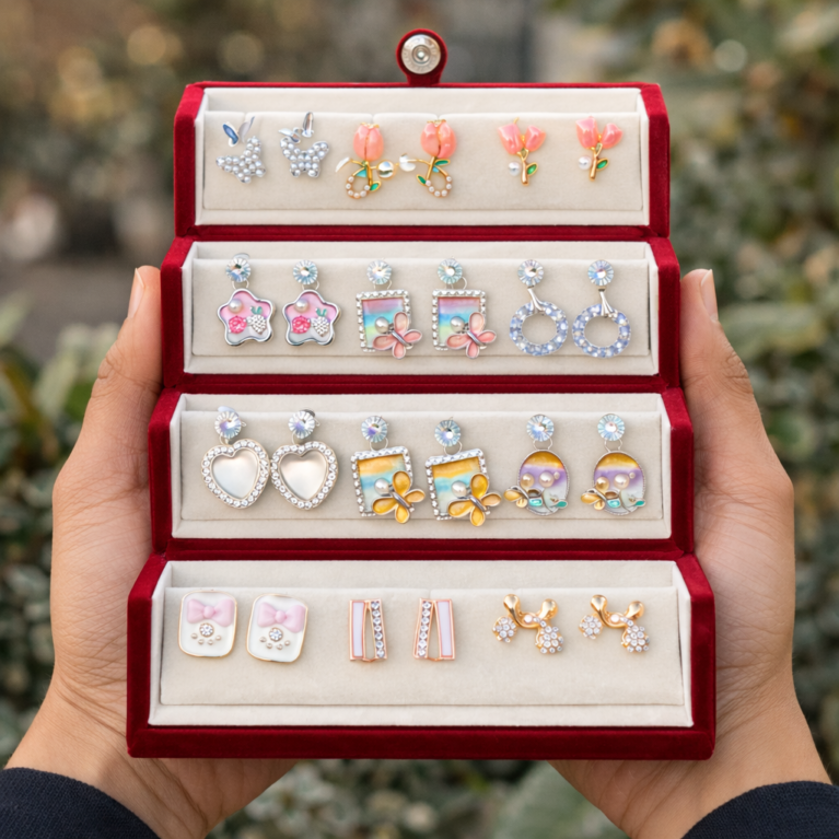 12 Pc Jhumka Mini Earrings Set with Box