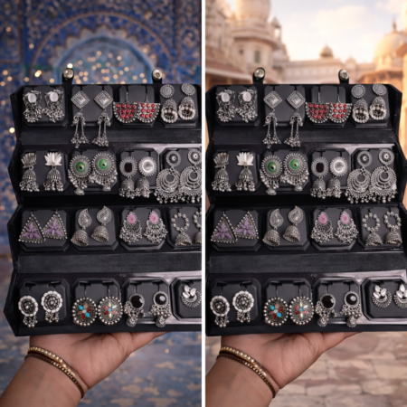 16 Pc Oxidised Jhumka Earrings Set with Black Box