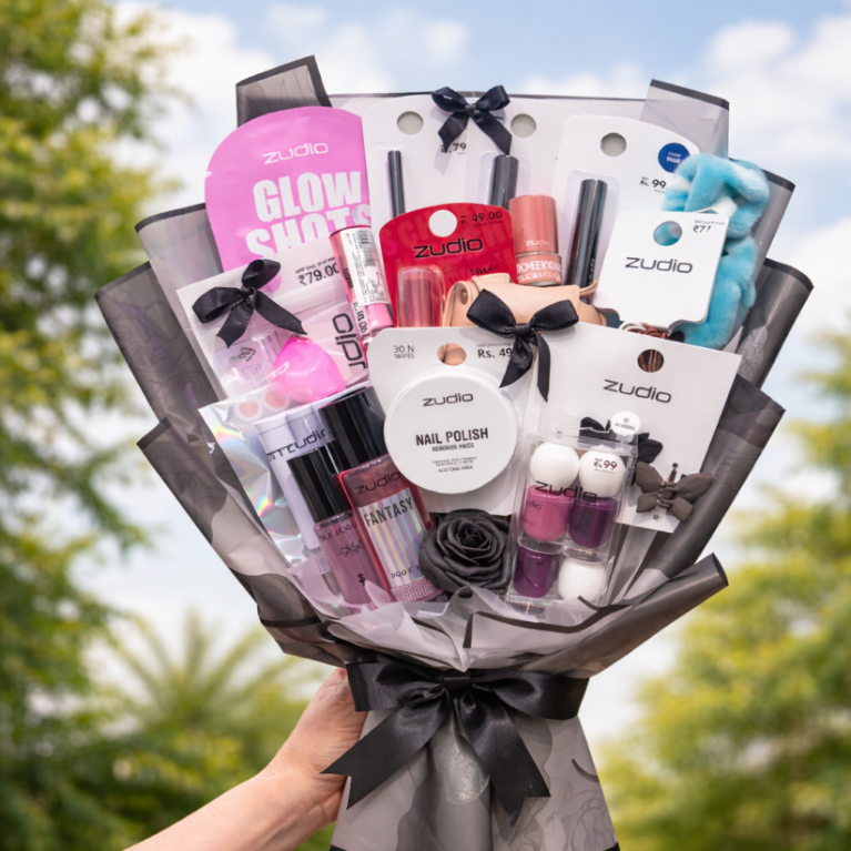 Zudio Black & Grey Beauty Gift Bouquet for Her | Makeup, Nail Care & Accessories Hamper